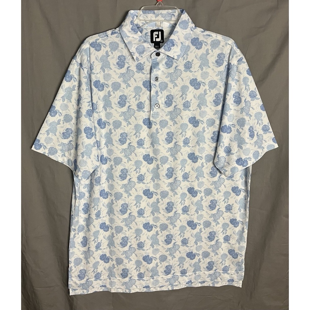 FootJoy FJ Mens Large Floral Golf Polo Shirt Blue White Performance Stretch